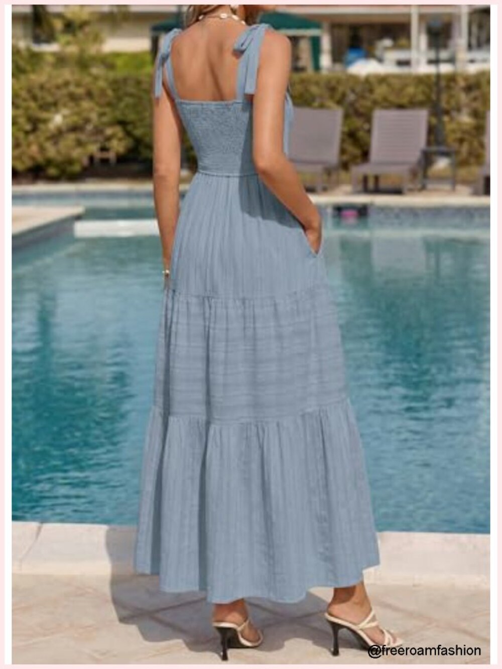 Smocked Boho Maxi Dress Tie Shoulder Sleeveless A-Line Beach Sundress - Picture 2 of 6